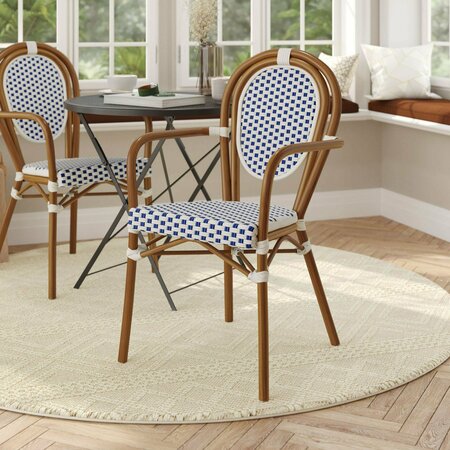 FLASH FURNITURE Lourdes Thonet French Bistro Stacking Chair w/Arms, White/Navy PE Rattan/Bamboo Print Alum Frame SDA-AD642002A-WHNVY-NAT-GG